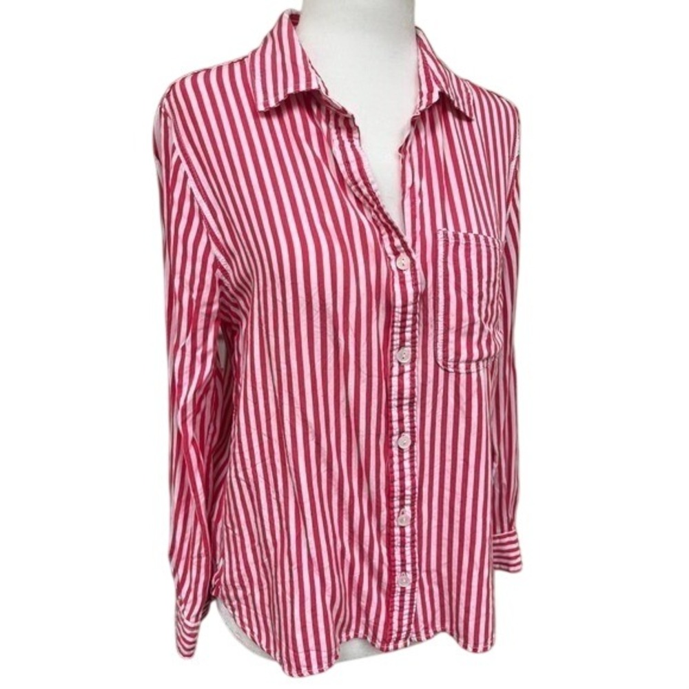 Velvet Heart Hot Pink White Striped Button Down Shirt Small Roll Tab Sleeve